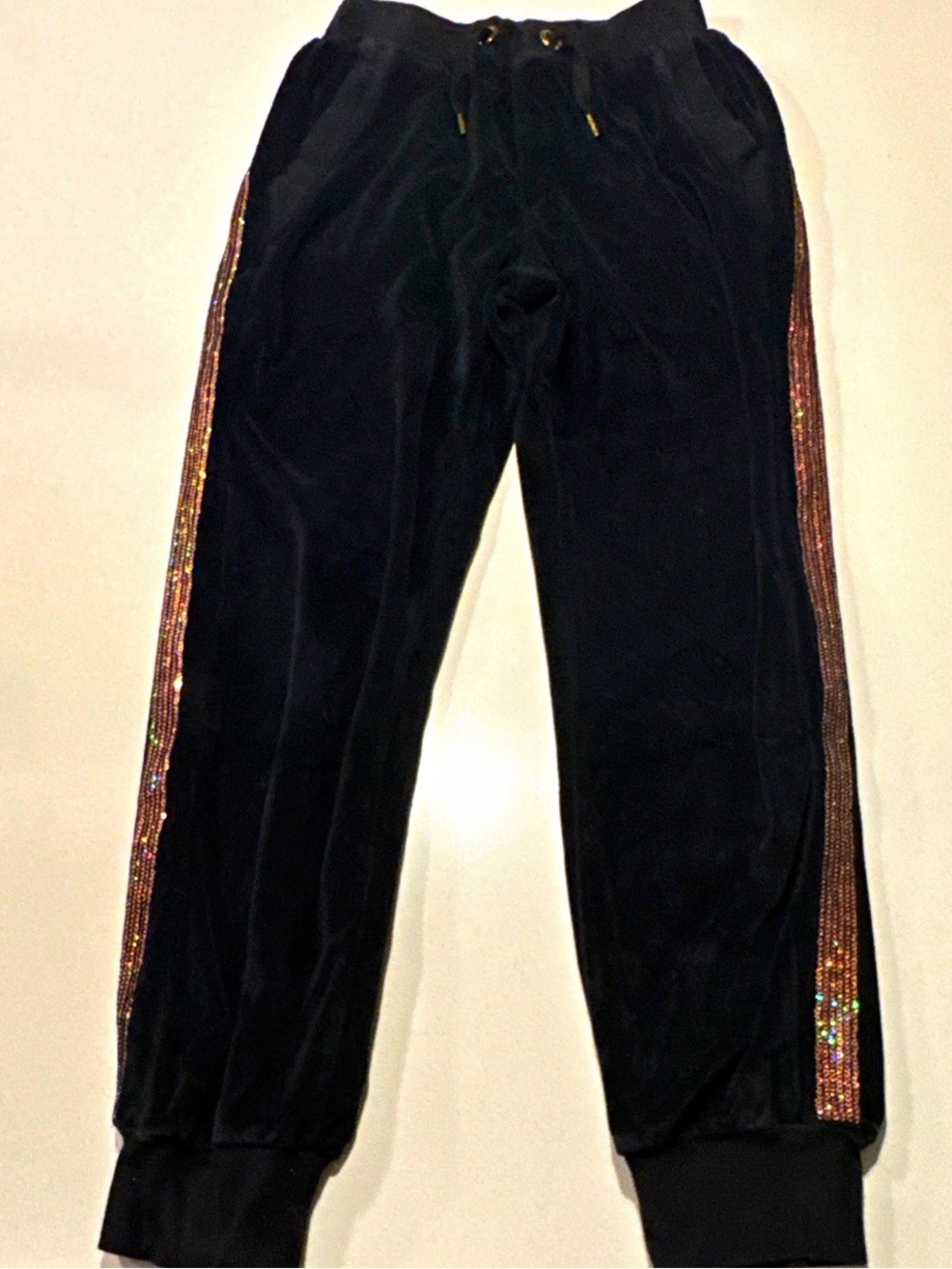 Lola & The Boys Girl’s Black Velour Jogger Pants Sequin Side Stripe Size 12